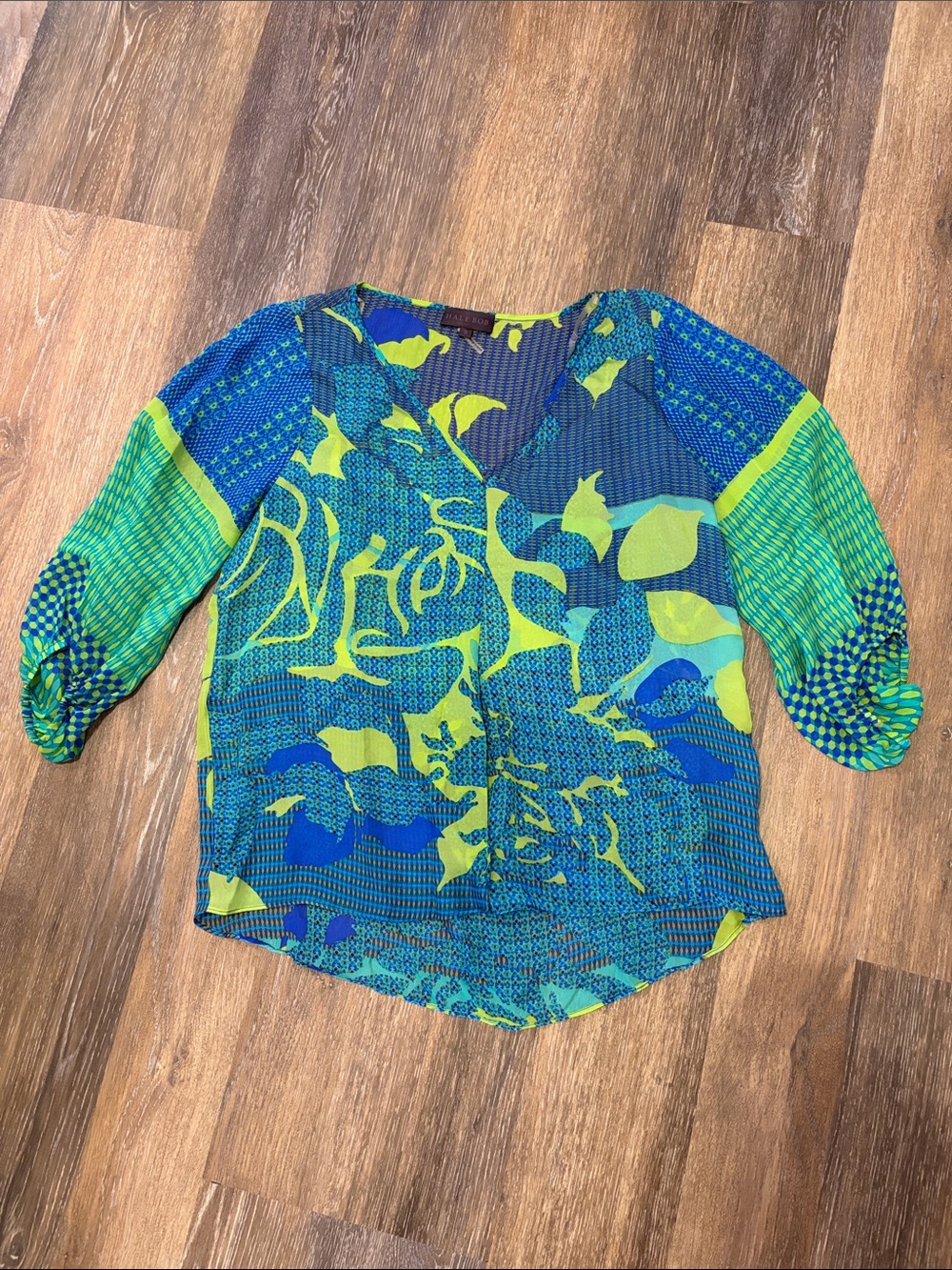 Hale Bob Blue & Lime Green Mixed-Print V-Neck Silk Blouse